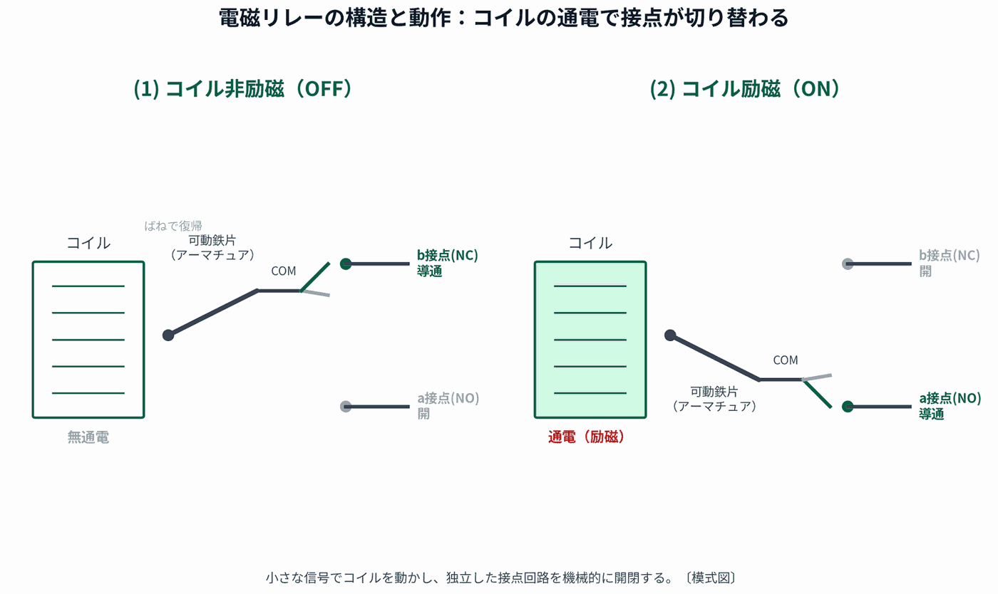 電磁リレーの構造と動作の図解。コイル非励磁ではb接点が導通、コイル励磁では可動鉄片が引かれてa接点が導通する仕組みを示す模式図