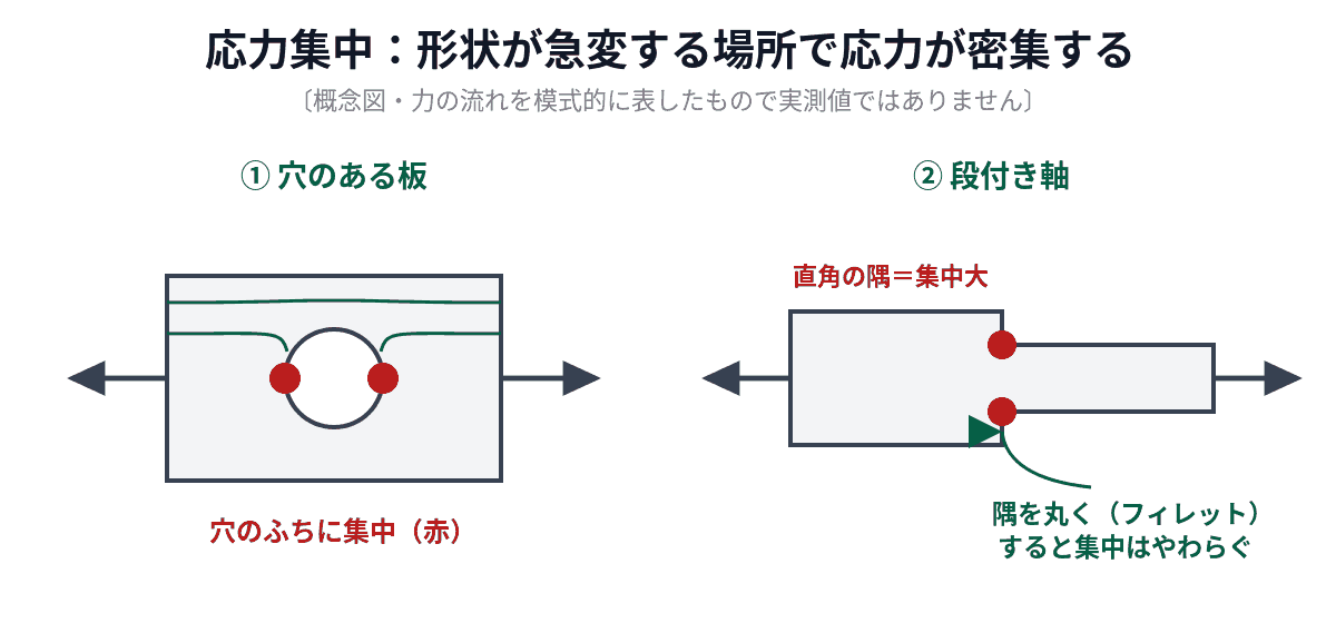 穴のある板と段付き軸を引っ張ったときに、穴のふちや直角の隅に力の流れ（応力線）が密集して応力集中が起きることを示した概念図