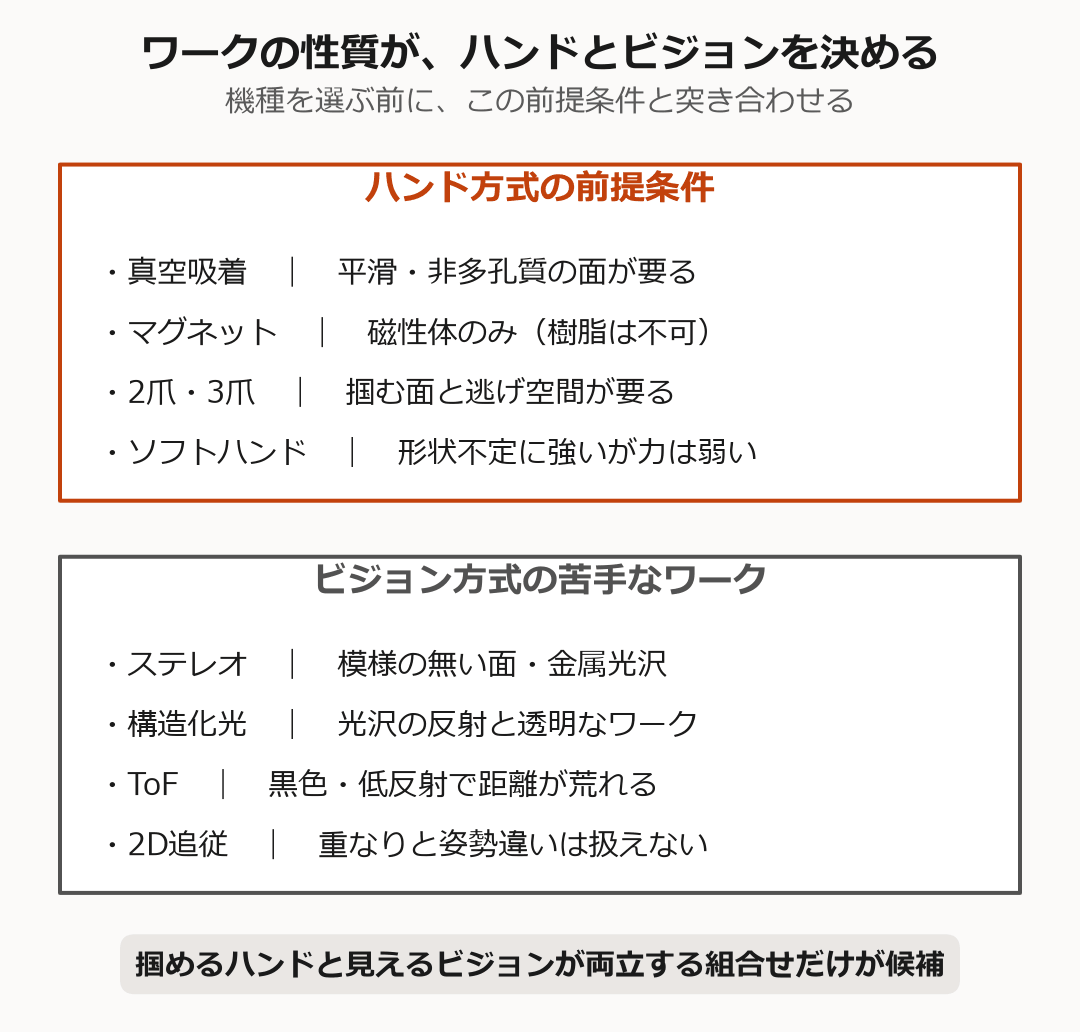 ワークの性質からロボットハンド方式とビジョン方式が決まることを示した図解。吸着・マグネット・爪・ソフトハンドの前提条件と各ビジョン方式の苦手なワークの一覧